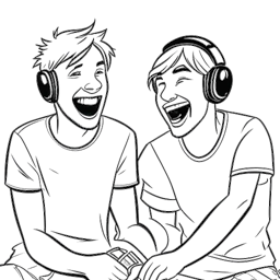Line art drawing of Cryaotic and PewDiePie, two men laughing while playing video games together.