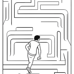 Strichzeichnung von Cryaotic, ein Mann, der eine schwere Last trägt und versucht, sich durch ein Labyrinth zu navigieren.