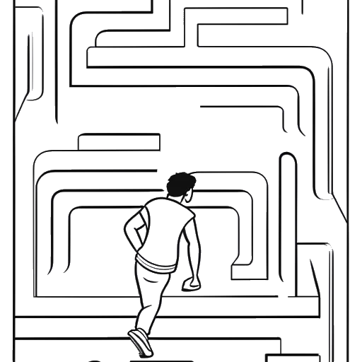 Strichzeichnung von Cryaotic, ein Mann, der eine schwere Last trägt und versucht, sich durch ein Labyrinth zu navigieren.