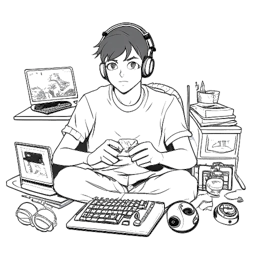 Dibujo en arte lineal de Cryaotic, un hombre con una aura misteriosa, sosteniendo un controlador de juegos y rodeado de pantallas de computadora.