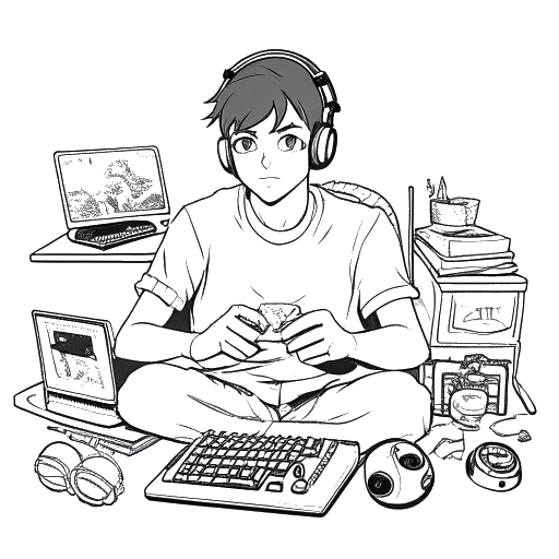 Desenho em arte de linha de Cryaotic, um homem com uma aura misteriosa, segurando um controle de videogame e cercado por telas de computador.