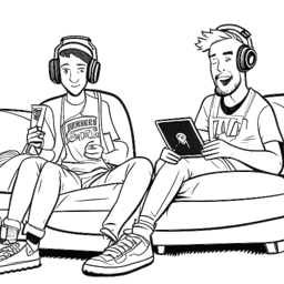 Lijn tekening van Cryaotic en Russ Money, twee vrienden die op een bank zitten met microfoons, hun gamessessie live streamen.