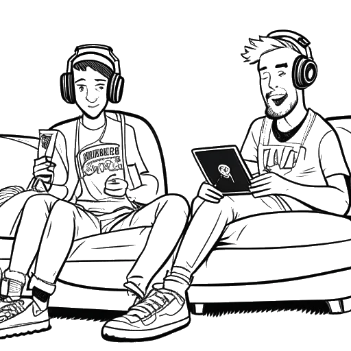 Desenho em arte de linha de Cryaotic e Russ Money, dois amigos sentados em um sofá com microfones, fazendo transmissão ao vivo de sua sessão de jogos.