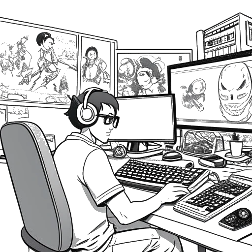 Desenho artístico de um homem, representando Cryaotic, usando um headset e sentado em um computador. As telas ao seu redor exibem seu canal no YouTube e sua transmissão no Twitch, enquanto referências sutis a jogos de terror e colaborações enfeitam o fundo. A ilustração é definida em um fundo branco.