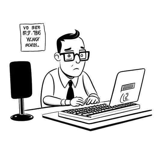 Dibujo de arte lineal de un hombre, representando a Cryaotic, con gafas, ojos azules y cabello castaño claro, sentado en un escritorio con una computadora, y un globo de diálogo que contiene las palabras 'acusaciones en su contra' con un calendario mostrando el año '2023' en el fondo, todo en un fondo blanco.