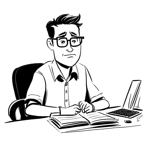 Desenho de arte linear de um homem, representando Cryaotic, com óculos, olhos azuis e cabelos castanhos, sentado em uma mesa com um computador e um microfone, com as palavras 'cry talks' escritas em um bloco de notas ao lado dele, e um calendário exibindo a data '20 de junho de 2020' ao fundo, tudo em um cenário branco.