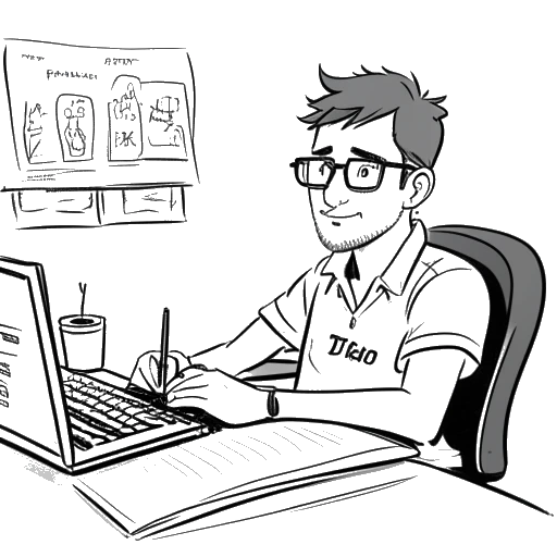 Line art drawing of a man, representing Cryaotic, with glasses, blue eyes, and no brown hair, sitting at a desk with a computer and a microphone, with the words '31st birthday Twitch stream' written on a notepad next to him, and a calendar displaying the year 2020 in the background, all against a white backdrop.