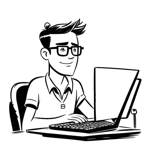 Line art drawing of a man, representing Cryaotic, with glasses, blue eyes, and no brown hair, sitting at a desk with a computer, and a heart-shaped speech bubble containing the names 'Cryaotic' and 'Cheyenne' with the ages '22' and '16' written below them, all against a white backdrop.