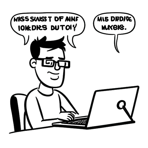 Line art drawing of a man, representing Cryaotic, with glasses, blue eyes, and no brown hair, sitting at a desk with a computer, and a speech bubble containing the words 'dislikes the CryBabies label' with a thought bubble displaying the word 'popularity' in the background, all against a white backdrop.