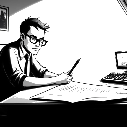 Dibujo de arte lineal de un hombre, representando a Cryaotic, con gafas, ojos azules y cabello castaño claro, sentado en un escritorio con una computadora y una figura fantasmal en el fondo, con el título del juego 'Amnesia: The Dark Descent' escrito en un bloc de notas a su lado, todo en un fondo blanco.
