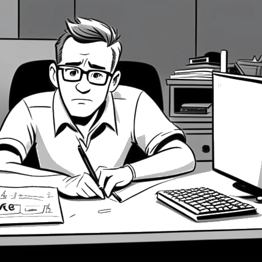 Line art drawing of a man, representing Cryaotic, with glasses, blue eyes, and no brown hair, sitting at a desk with a computer and a microphone, with the words 'Late Night with Cry and Russ' written on a notepad next to him, and a calendar displaying the years 2011-2020 in the background, all against a white backdrop.
