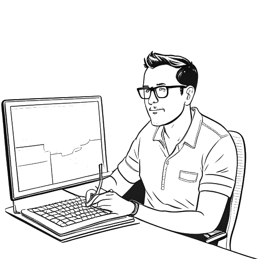 Lijntekening van een man, Cryaotic voorstellende, met een bril, blauwe ogen en geen bruin haar, zittend aan een bureau met een computer en een kaart van Binghamton, NY en Florida op de achtergrond, allemaal tegen een witte achtergrond.