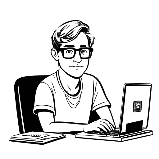 Desenho de arte linear de um homem, representando Cryaotic, com óculos, olhos azuis e cabelos castanhos, sentado em uma mesa com um computador, cercado por três balões de fala contendo os nomes 'PewDiePie', 'Jesse Cox' e 'CinnamonToastKen', tudo em um cenário branco.