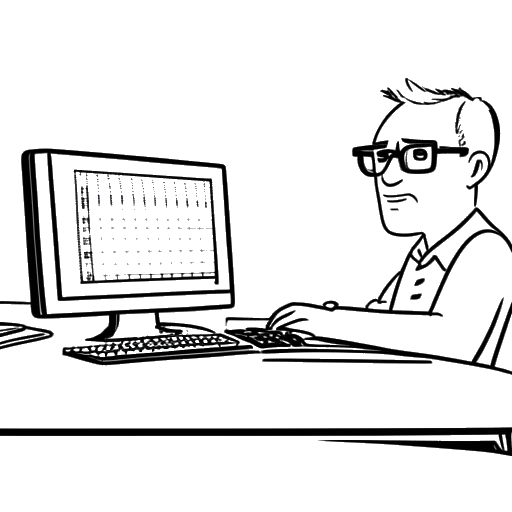 Line art drawing of a man, representing Cryaotic, with glasses, blue eyes, and no brown hair, sitting at a desk with a computer, and a graph showing the growth of subscribers from 100k to 2.7 million between 2012 and 2017, all against a white backdrop.