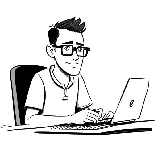 Dessin en noir et blanc d'un homme, représentant Cryaotic, avec des lunettes, des yeux bleus et pas de cheveux bruns, assis à un bureau avec un ordinateur, et les mots 'ChaoticMonki' et 'Cryosin' écrits sur un bloc-notes à côté de lui, le tout sur un fond blanc.