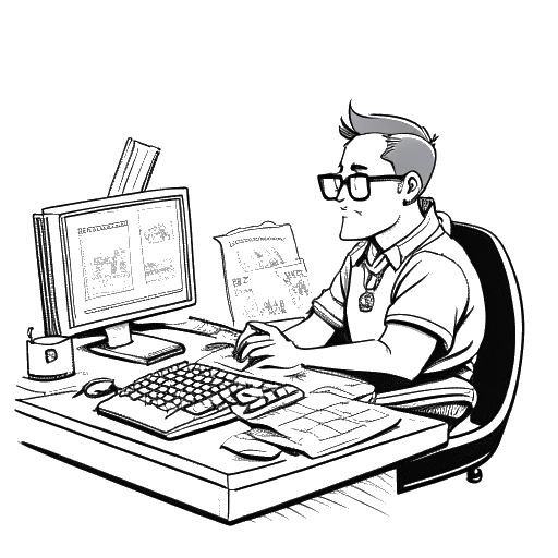 Desenho de arte linear de um homem, representando Cryaotic, com óculos, olhos azuis e cabelos castanhos, sentado em uma mesa com um computador, uma caixa do jogo World of Warcraft, e um calendário exibindo os anos 2006 e 2007, tudo em um cenário branco.
