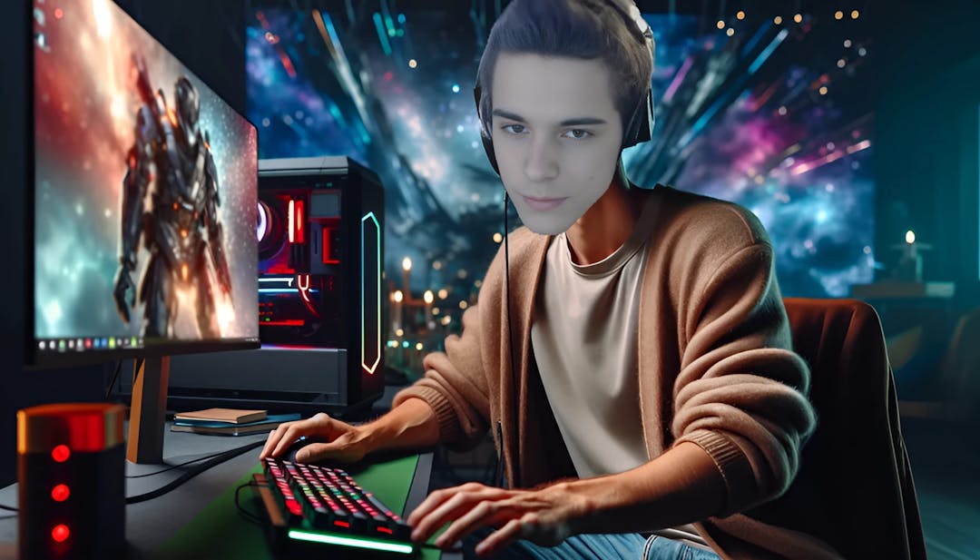 Cryaotic (Chris), a fair-skinned male YouTuber, sitting at a gaming setup with headphones on, looking at the camera. The background features vibrant colors and gaming-related elements, reflecting his passion for gaming content creation.