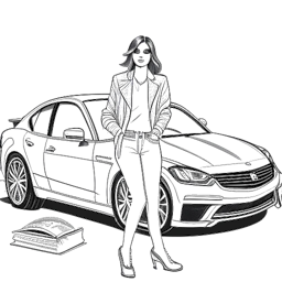 Lijntekening van een meisje dat Lil Tay vertegenwoordigt, elegant gekleed, een zelfverzekerde houding aanneemt te midden van luxe auto's en stapels geld, allemaal tegen een witte achtergrond.