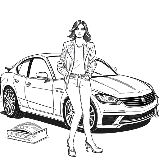 Lijntekening van een meisje dat Lil Tay vertegenwoordigt, elegant gekleed, een zelfverzekerde houding aanneemt te midden van luxe auto's en stapels geld, allemaal tegen een witte achtergrond.