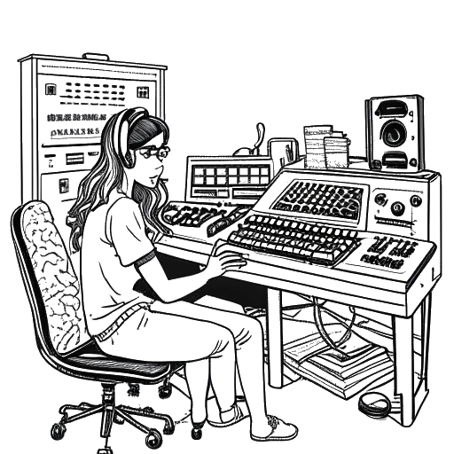 Desenho em linha de uma garota representando Lil Tay, confiantemente interagindo com um renomado produtor de música, entre equipamentos musicais em um estúdio de gravação, contra um fundo branco.