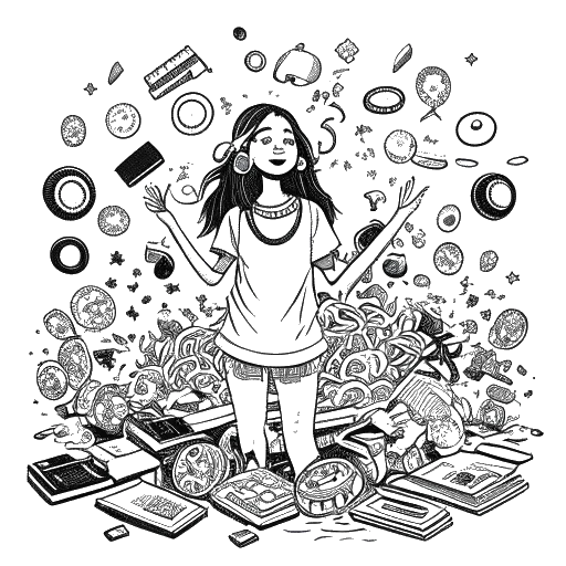  Lijnkunsttekening van een meisje, symbool voor Lil Tay, gekleed in oversized ontwerpkleding, overgoten met munten en bankbiljetten. De afbeelding toont een achtergrond met een reeks muziekapparatuur en microfoons, allemaal tegen een witte achtergrond. 