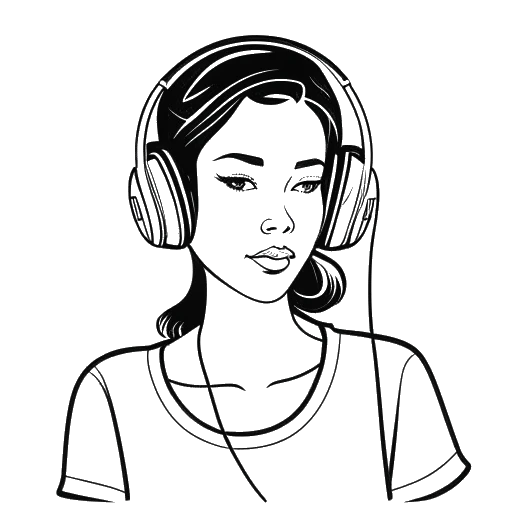 Line art drawing of a woman, representing Lil Tay, holding headphones with a dollar sign on them.