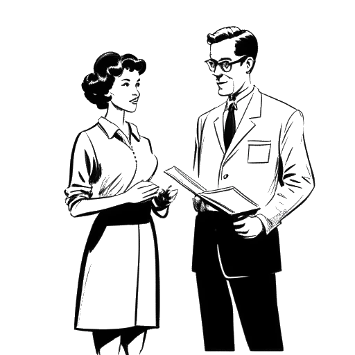 Line art drawing of a woman, representing Lil Tay, standing next to a man, representing her brother Jason, who is holding a script.