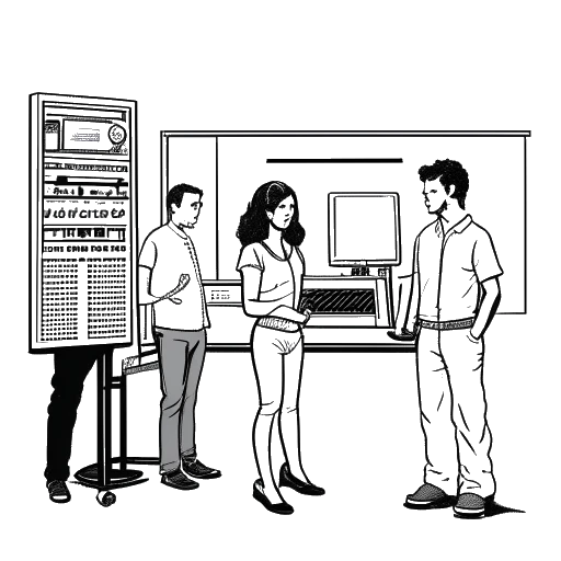 Line art drawing of a woman, representing Lil Tay, standing next to three men, representing Chief Keef, Jake Paul, and Diplo, and a recording studio.