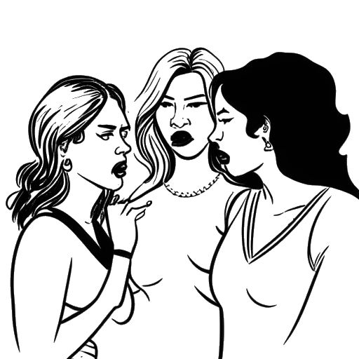Line art drawing of three women, representing Lil Tay, Bhad Bhabie, and Woah Vicky, in a confrontation.