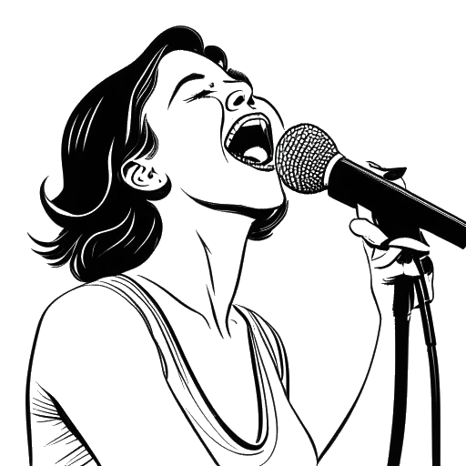 Desenho em arte linear de uma mulher, representando Lil Tay, cantando em um microfone.
