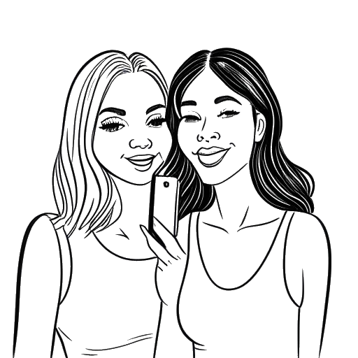 Line art drawing of two women, representing Lil Tay and Woah Vicky, taking a selfie.