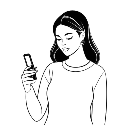 Line art drawing of a woman, representing Lil Tay, holding a mobile phone with an Instagram logo.