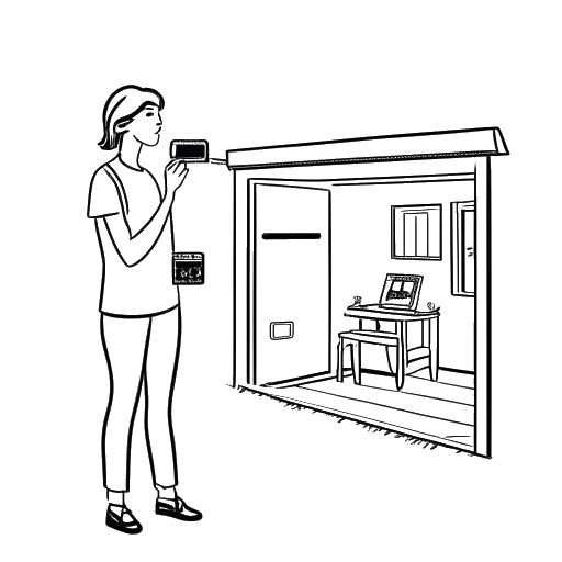 Line art drawing of a woman, representing Angela Tian, standing inside a property with a 'For Sale' sign and a camera.