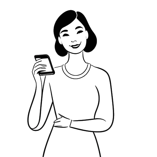 Dibujo de arte lineal de una mujer, representando a Angela Tian, sosteniendo un letrero de 'En Venta' y un teléfono móvil.