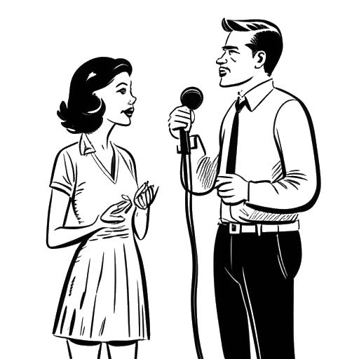 Line art drawing of a woman, representing Lil Tay, standing next to a man, representing Lil Pump, who is holding a microphone.