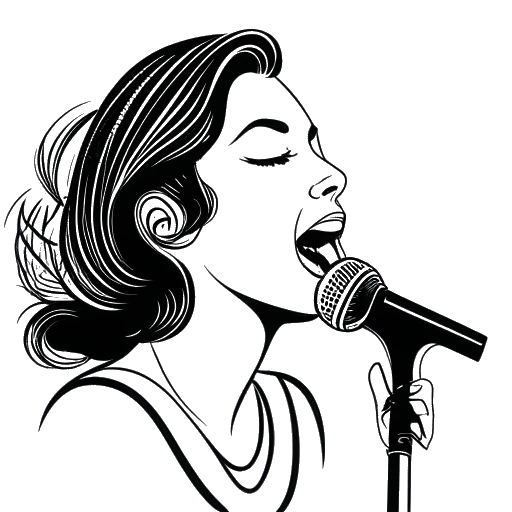 Dessin en noir et blanc d'une femme, représentant Lil Tay, chantant dans un microphone avec des notes de musique à proximité.