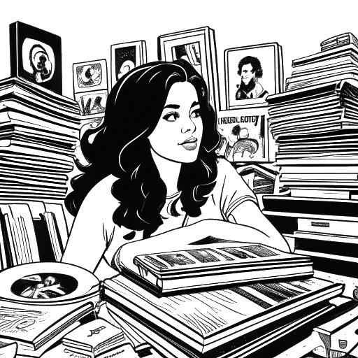Dessin en noir et blanc d'une femme, représentant Lil Tay, entourée de couvertures d'albums.