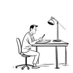 Strichzeichnung eines Mannes, der Knossi symbolisiert, während er hinter einem Schreibtisch arbeitet und eine Gedankenblase zeigt einen Scheinwerfer und ein Mikrofon, die seine Unterhaltungsträume repräsentieren.