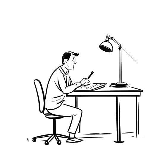 Strichzeichnung eines Mannes, der Knossi symbolisiert, während er hinter einem Schreibtisch arbeitet und eine Gedankenblase zeigt einen Scheinwerfer und ein Mikrofon, die seine Unterhaltungsträume repräsentieren.