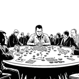 Strichzeichnung eines Mannes, der Knossi an einem Pokertisch darstellt, mit Pokerchips, die von oben regnen, und Zuschauern im Hintergrund, die seine erfolgreiche Pokerkarriere präsentieren.
