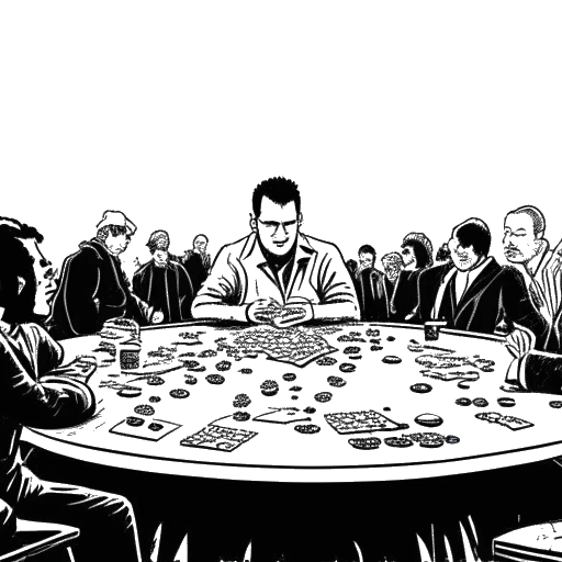 Strichzeichnung eines Mannes, der Knossi an einem Pokertisch darstellt, mit Pokerchips, die von oben regnen, und Zuschauern im Hintergrund, die seine erfolgreiche Pokerkarriere präsentieren.