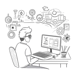 Strichzeichnung eines Mannes, der Knossi vor einem Computerbildschirm darstellt und seine Streaming-Karriere symbolisiert. Im Hintergrund sind Skizzen der Logos von YouTube und Twitch sowie verschiedene Casinoelemente zu sehen.
