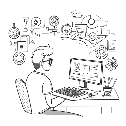 Strichzeichnung eines Mannes, der Knossi vor einem Computerbildschirm darstellt und seine Streaming-Karriere symbolisiert. Im Hintergrund sind Skizzen der Logos von YouTube und Twitch sowie verschiedene Casinoelemente zu sehen.