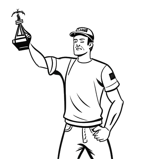 Strichzeichnung eines Mannes, der Knossi darstellt, nimmt an einer Survival-Reality-Show teil, mit einer deutschen Flagge, einem Pokal und einem #TeamSeas-Logo im Hintergrund