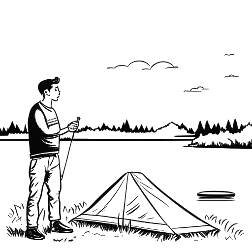 Strichzeichnung eines Mannes, der Knossi darstellt, nimmt an einem Angelcamp-Event teil, mit einem See und einer tschechischen Flagge im Hintergrund