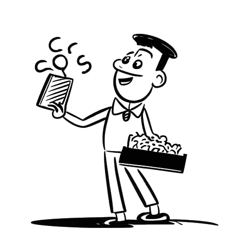 Strichzeichnung eines Mannes, der Knossi darstellt, tritt in einem Musical auf, mit einem Filmklappenbrett und einem Kartoffelsalat im Hintergrund