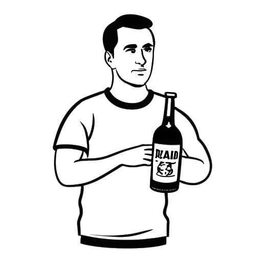 Strichzeichnung eines Mannes, der Knossi darstellt, hält eine Flasche Likör und ein Sporttrikot, mit einem Kaufland-Logo und einem SC Baden-Baden-Logo im Hintergrund