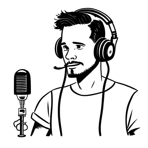 Strichzeichnung eines Mannes, der Knossi darstellt, moderiert einen Podcast, mit einem Mikrofon und Kopfhörern, und den Worten '1 auf die Ohren' im Hintergrund