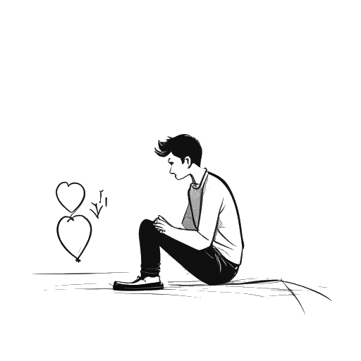 Strichzeichnung eines Mannes, der Knossi darstellt, sitzt alleine, mit einem gebrochenen Herzen und einem verblassten Bild eines Paares im Hintergrund
