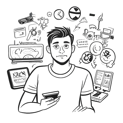 Strichzeichnung eines Mannes, der Knossi darstellt, teilt Stream-Highlights, mit Twitch- und YouTube-Logos im Hintergrund